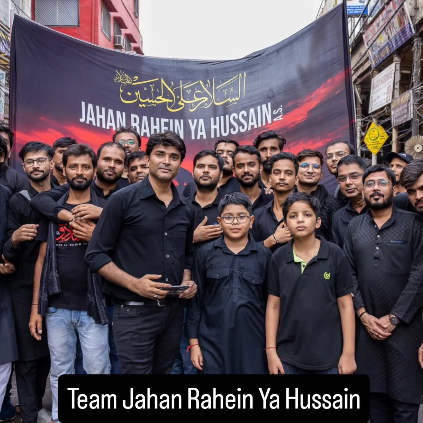 Team Jahan Rahein Ya Hussain gathered under their black Arbaeen banner in Chawri Bazar, Delhi